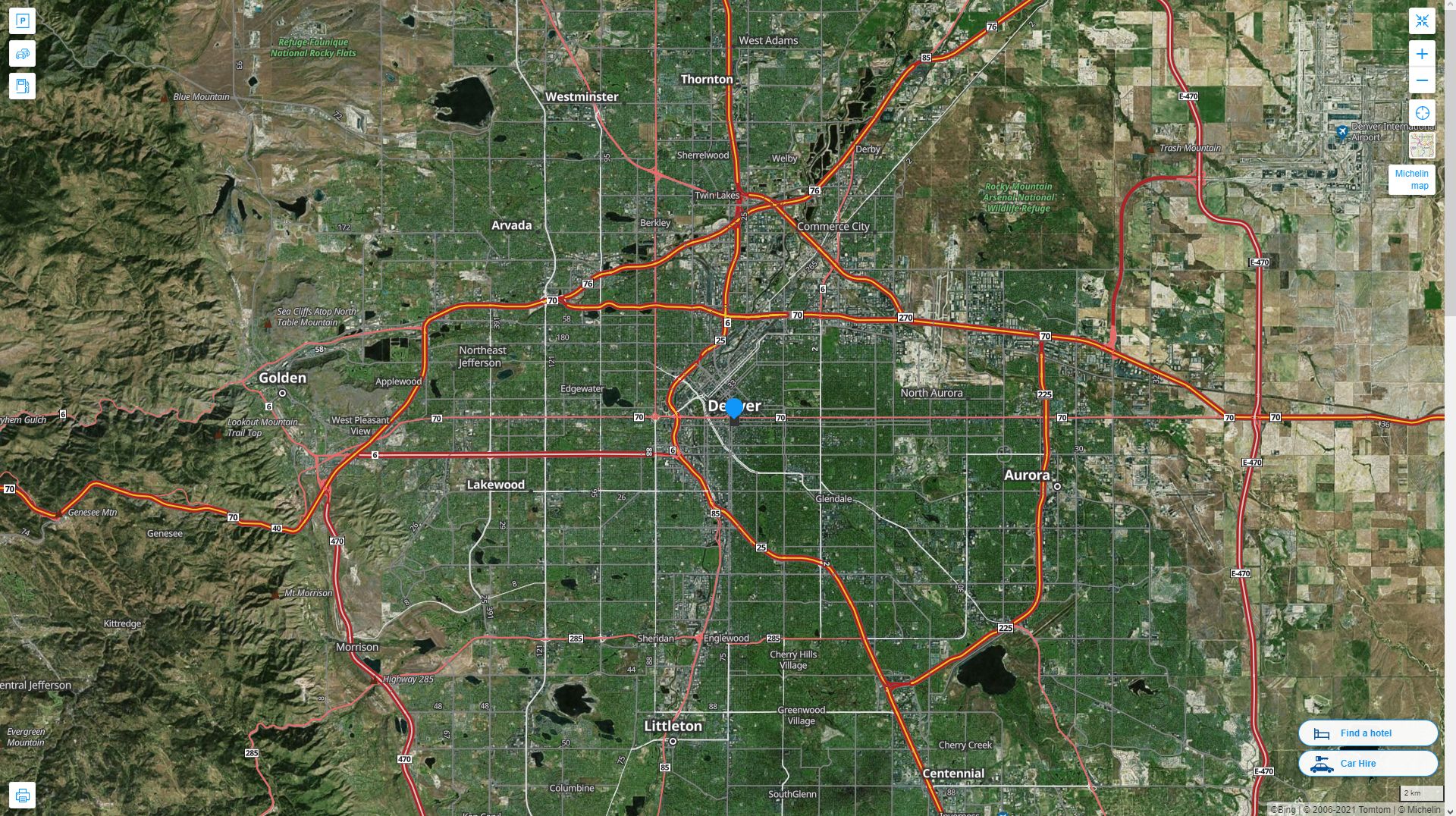 Denver Colorado Highway and Road Map with Satellite View